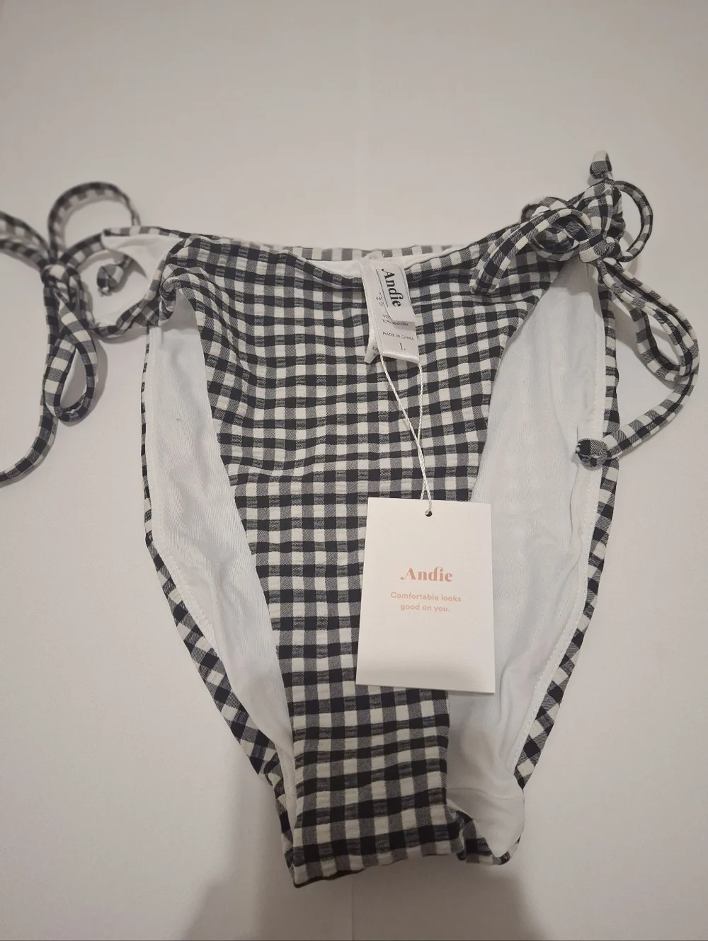 Andie Swim Gingham The String Bikini Bottom Black White Plaid Size L NWT